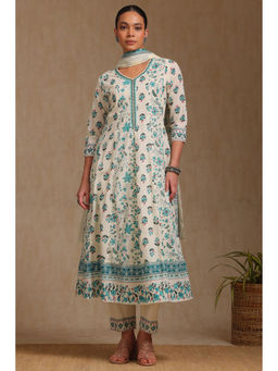 Soch - Women's Teal Cotton Botanical Print Kurta & Pant With Dupatta (Set of 3)