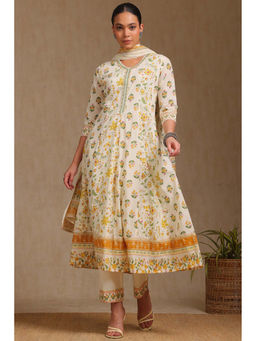 Soch - Women's Yellow Cotton Botanical Print Kurta & Pant With Dupatta (Set of 3)