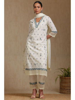 Soch - Women's Off White Cotton Kurta & Pant With Dupatta With Zari (Set of 3)