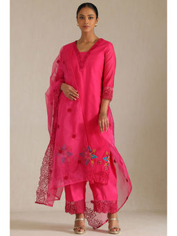 Soch - Women's Pink Chanderi Kurta & Pant With Dupatta With Thread Work (Set of 3)