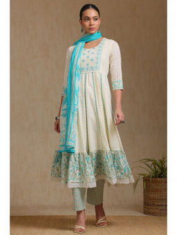 Soch - Women's Turquoise Cotton Kurta & Pant With Dupatta With Thread Work (Set of 3)