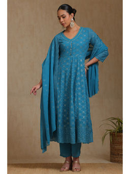 Soch - Women's Teal Georgette Kurta & Pant With Dupatta With Sequins (Set of 3)