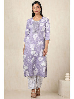 Soch - Women's Purple Rayon Botanical Kurta & Pant With Zari (Set of 2)