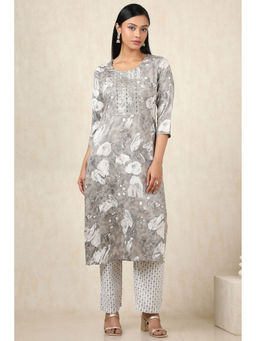 Soch - Women's Grey Rayon Botanical Kurta & Pant With Zari (Set of 2)