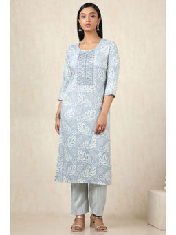 Soch - Women's Powder Blue Rayon Foil Print Kurta & Pant With Zari (Set of 2)