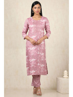 Soch - Women's Onion Pink Rayon Foil Print Kurta & Pant With Zari (Set of 2)