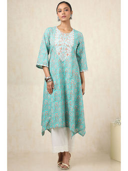 Soch - Women's Turquoise Cotton Dobby Floral Kurta & Pant With Faux Mirror And Sequins (Set of 2)