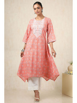 Soch - Women's Peach Cotton Dobby Floral Kurta & Pant With Faux Mirror (Set of 2)