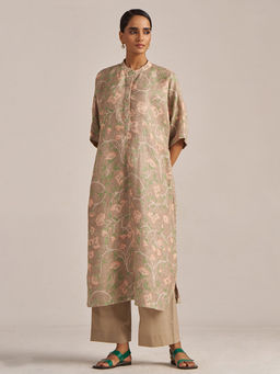 Ganga Fashions - Nomad and Pale Peach Linen Kurta with Pant (Set of 2)