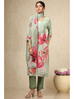 Soch - Women's Sap Green Crepe Floral Kurta & Pant With Dupatta With Cutdana (Set of 3)
