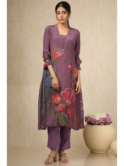 Soch - Women's Purple Crepe Floral Print Kurta & Pant With Dupatta With Beads (Set of 3)