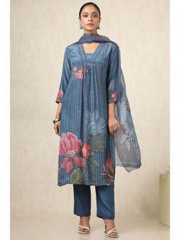 Soch - Women's Blue Crepe Floral Kurta & Pant With Dupatta With Cutdana (Set of 3)