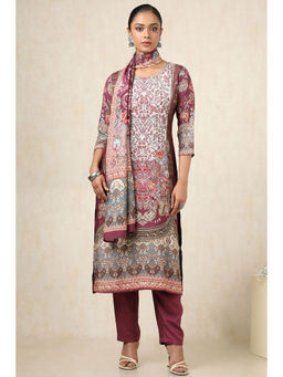 Soch - Women's Wine Muslin Botanical Kurta & Pant With Dupatta (Set of 3)