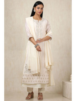 Soch - Women's Off White Chanderi Kurta & Pant With Dupatta With Thread Work (Set of 3)