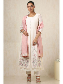 Soch - Women's Off White Chanderi Kurta & Pant With Dupatta With Thread Work (Set of 3)