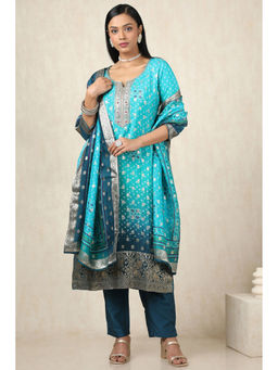 Soch - Women's Turquoise Blue Brocade Bandhani Kurta & Pant With Dupatta With Zari (Set of 3)