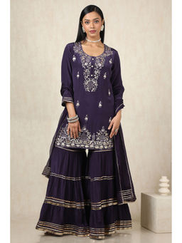 Soch - Women's Purple Crepe Kurti With Sharara & Dupatta With Sequence Work (Set of 3)