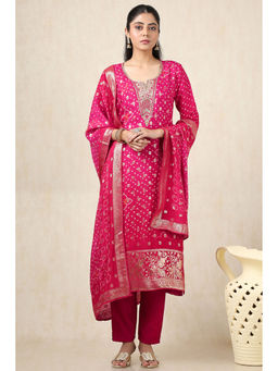 Soch - Women's Fuchsia Organza Bandhani Print Kurta & Pant With Dupatta With Sequins (Set of 3)