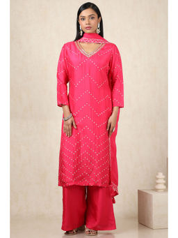 Soch - Women's Fuchsia Dola Silk Bandhani Kurta & Palazzo With Dupatta With Cutdana (Set of 3)