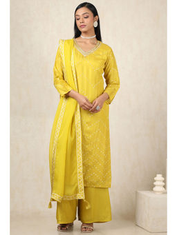 Soch - Women's Mustard Dola Silk Bandhani Kurta & Palazzo With Dupatta With Cutdana (Set of 3)