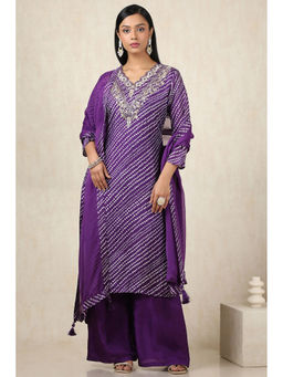 Soch - Women's Purple Dola Silk Bandhani Kurta & Palazzo With Dupatta With Zardozi (Set of 3)