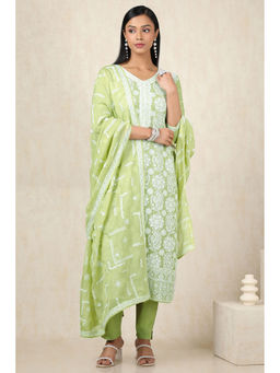 Soch - Women's Sap Green Organza Kurta & Pant With Dupatta With Thread Work (Set of 3)