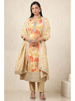 Soch - Women's Beige Tissue Botanical Print Kurta & Pant With Dupatta With Zari (Set of 3)