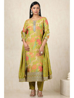 Soch - Women's Olive Tissue Botanical Print Kurta & Pant With Dupatta With Zari (Set of 3)