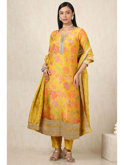 Soch - Women's Mustard Tissue Botanical Print Kurta & Pant With Dupatta With Zari (Set of 3)