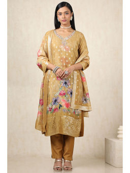 Soch - Women's Mustard Brocade Botanical Kurta & Pant With Dupatta With Zari Woven (Set of 3)