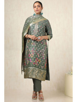 Soch - Women's Olive Brocade Floral Kurta & Pant With Dupatta With Zari (Set of 3)