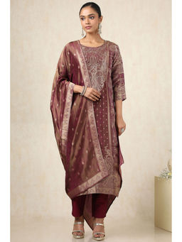 Soch - Women's Maroon Dola Silk Paisley Print Kurta & Pant With Dupatta With Zari (Set of 3)