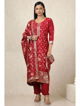 Soch - Women's Red Brocade Botanical Kurta & Pant With Dupatta With Zari Woven (Set of 3)