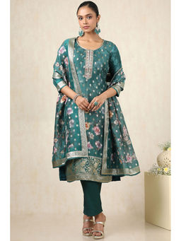 Soch - Teal Floral Print Zari Embellished Kurta & Pant With Dupatta With Dupatta (Set of 3)