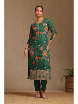 Soch - Women's Green Viscose Muslin Botanical Print Kurta & Pant With Zari (Set of 2)