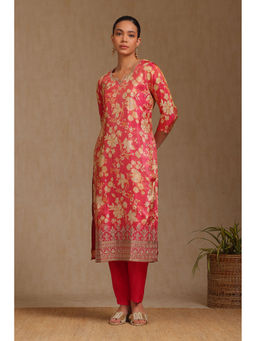 Soch - Women's Pink Tissue Botanical Print Kurta & Pant With Sequins (Set of 2)