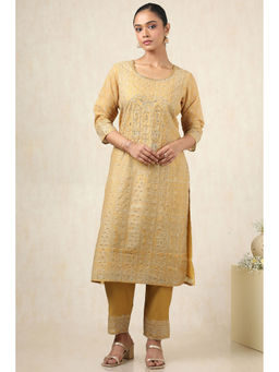 Soch - Women's Gold Chanderi Ethnic Kurta & Pant With Beads And Stones (Set of 2)
