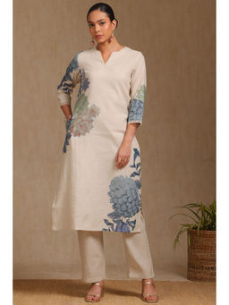 Soch - Women's Off White Linen Botanical Print Kurta & Pant (Set of 2)