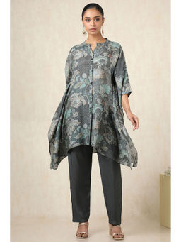 Soch - Women's Grey Muslin Botanical Kaftan With Pant With Cutdana (Set of 2)