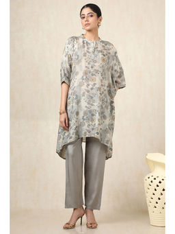 Soch - Women's Beige Muslin Botanical Print Kaftan With Pant (Set of 2)