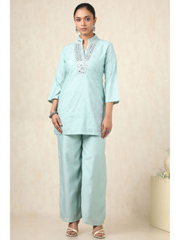 Soch - Women's Powder Blue Roman Silk Geometric Co-Ord (Set of 2)