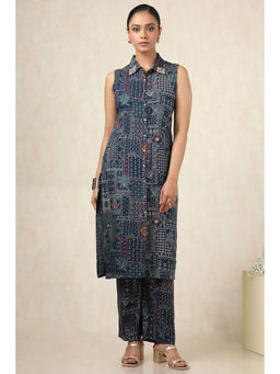 Soch - Navy Blue Rayon Ethnic Kurta With Unstitched Sleeves & Pant With Sequins (Set of 2)
