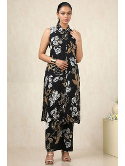 Soch - Women's Black Rayon Floral Kurta With Unstitched Sleeves & Pant With Cutdana (Set of 2)