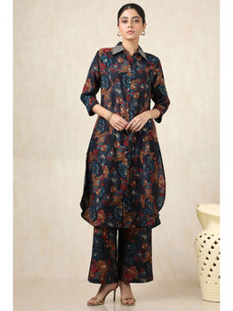 Soch - Women's Blue Muslin Floral Print Kurta & Palazzo With Zari (Set of 2)