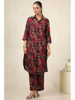 Soch - Women's Maroon Muslin Floral Kurta & Palazzo With Zari (Set of 2)