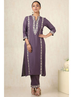 Soch - Women's Purple Rayon Floral Kurta & Pant With Thread Work (Set of 2)