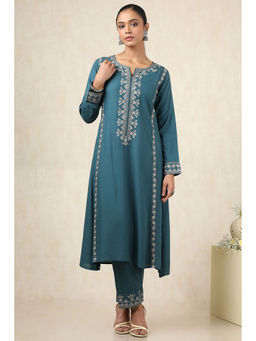 Soch - Women's Teal Rayon Floral Print Kurta & Pant With Thread Work (Set of 2)