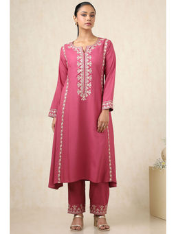 Soch - Women's Onion Pink Rayon Floral Kurta & Pant With Thread Work (Set of 2)