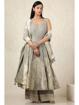Soch - Women's Grey Silk Kurta With Unstitched Sleeves, Palazzo & Dupatta (Set of 3)