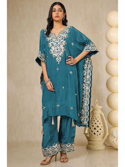 Soch - Women's Blue Viscose Crepe Embellished Kaftan With Pant With Gotta Patti (Set of 2)